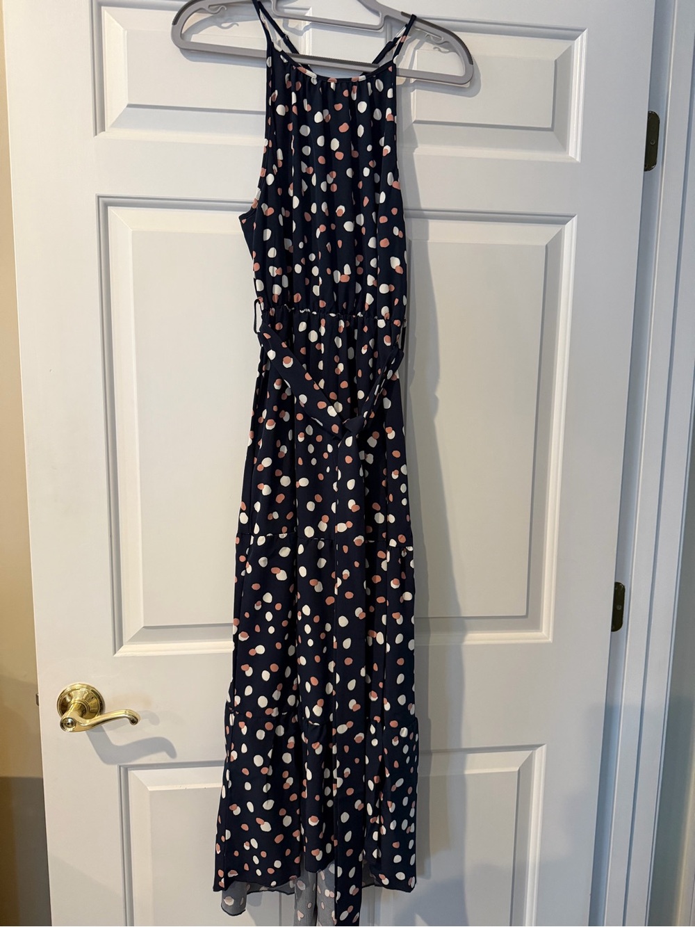 Navy Polka Dot Maxi Dress with Pink and Cream Spots
